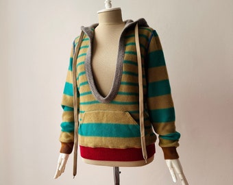 100% Pure Cashmere - Women&#39;s Deep V-neck Striped Multicolored Hoodie Jumper
