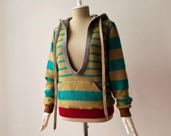 100% Pure Cashmere - Women's Deep V-neck Striped Multicolored Hoodie Jumper