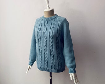 Vintage - 100% Pure Wool - Women's Chunky Cable Knit Light Blue Jumper