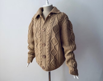 100% Pure Wool - Unisex Chunky Heavy Knit Camel Brown Collared Cardigan Jacket