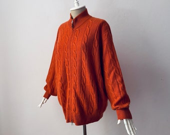 Vintage Brunello Cucinelli - 100% Pure Cashmere - High Neck Orange Zip Cable Knit Cardigan Jacket