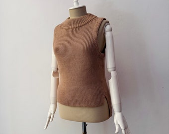 Suéter sin mangas de punto grueso para mujer, 100 % lana suave, color marrón camello