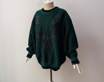 Vintage Wool Blend Green Waffle Knit Loose Fit Jumper