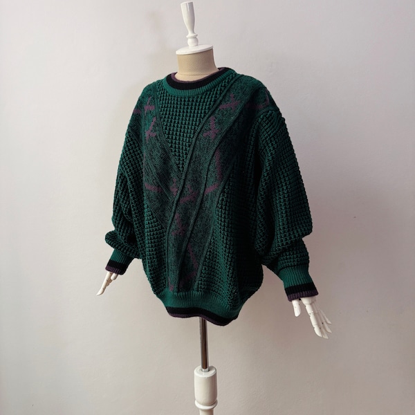 Vintage Wool Blend Green Waffle Knit Loose Fit Jumper