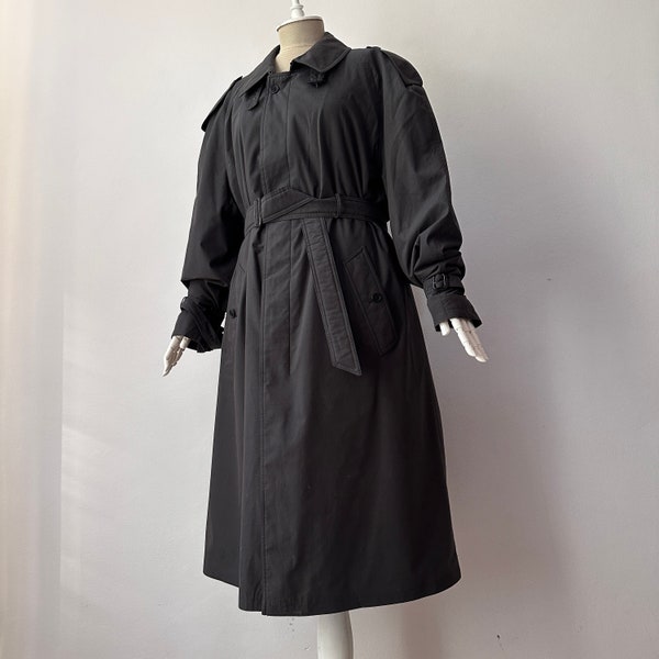 90er Vintage - Trenchcoat Military Style Gürtel Dunkelgraue Regenjacke