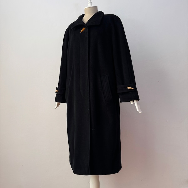 vintage - Soft Wool & Angora Blend - Veste trench-coat noire à simple boutonnage pour femme