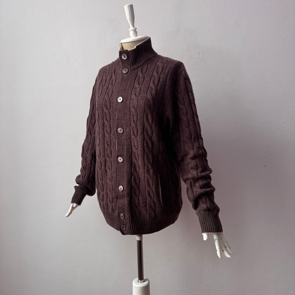 100% Pure Cashmere - High Neck Cable Knit Brown Cardigan Jacket