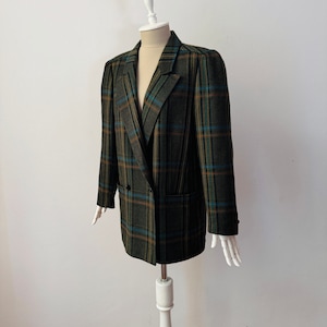 Vintage - 100% Pure Wool - Women's Relaxed Fit Double Breasted Plaid Blazer Jacket