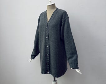 Chaqueta tipo cárdigan larga de punto grueso, corte holgado y cuello en V para mujer, 100% cachemir puro.