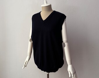 100% Merino Wool - V-neck Navy Blue Knit Vest Sleeveless Top Sweater