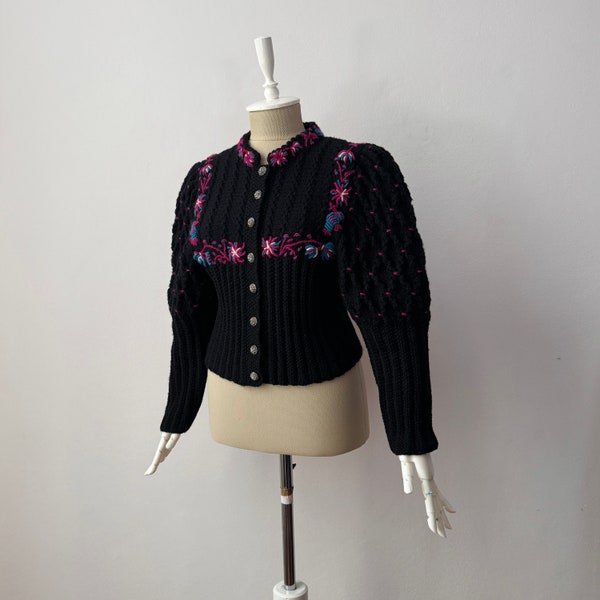 vintage - 100 % pure laine - Veste cardigan noire en maille épaisse pour femmes