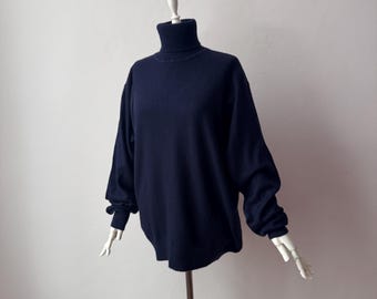 Soft Silk & Cashmere - Turtleneck Relaxed Fit Navy Blue Knit Sweater