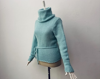 100% reines Kaschmir - Damen Rollkragen grobstrick Aqua Blau Pullover