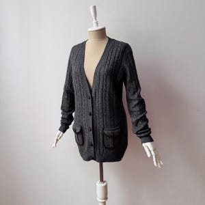 Soft Silk & Cashmere - Women&#39;s Deep V-Neck Dark Gray Cable Knit Cardigan Jacket