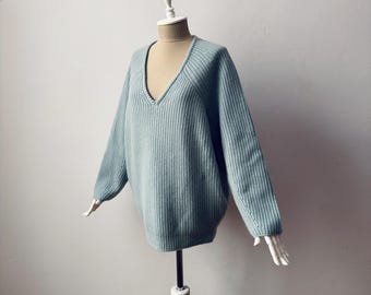100% reiner Kaschmir - Grobstrick-Rippstrickpullover mit tiefem V-Ausschnitt für Damen