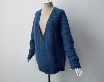 100% reiner Kaschmir - Damen Pullover mit tiefem V-Ausschnitt und grobstricktem Rippenstrick