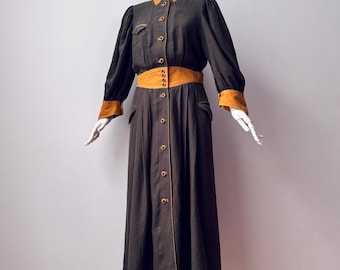 Vintage - 100% Pure Linen - Volume Sleeve Khaki Green Button Front Midi Dress