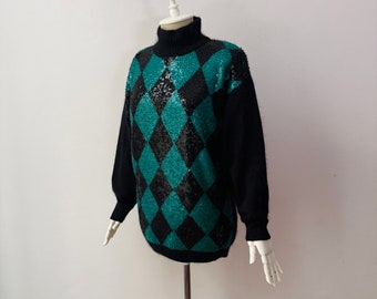 Vintage - Soft Silk & Angora Blend - Women's Argyle Sequin Knit Jumper