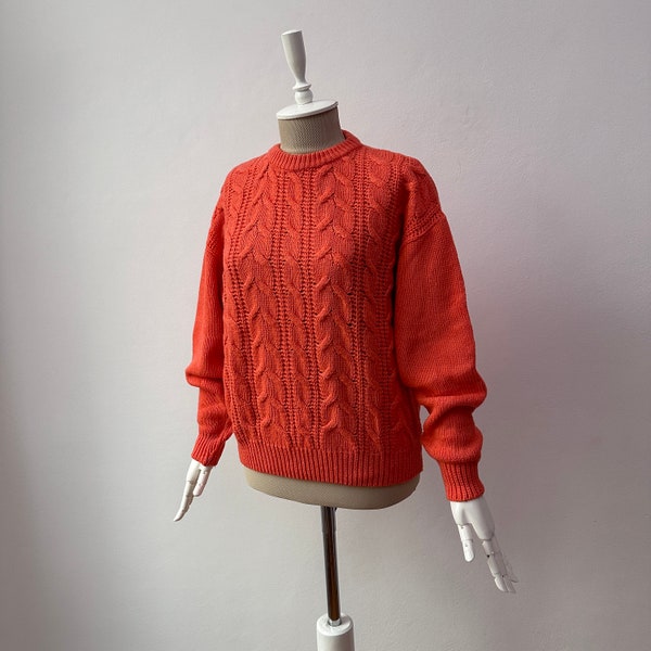Vintage - Georges Memmi - Women's Relaxed Fit Cable Knit Wool Coral Pink Sweater