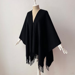 Soft Wool Blend  - Women's Fringe Black Cape