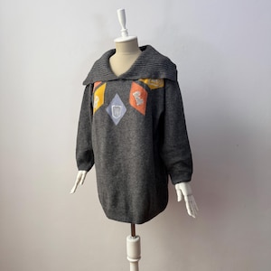 Suéter de punto holgado de cuello abierto para mujer, de mezcla de lana suave y angora, color gris, estilo vintage