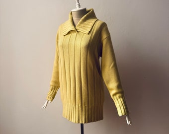 Soft Silk & Cashmere - Women's Folded Collar Chunky Knit Yellow Jumper