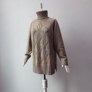 Vintage - 100% lana merino - Suéter beige de cuello alto de punto grueso de corte holgado para mujer
