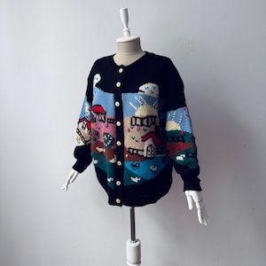 Vintage - 100% Pure Wool - Women&#39;s Crew Neck Intarsia Hand Knit Cardigan Jacket