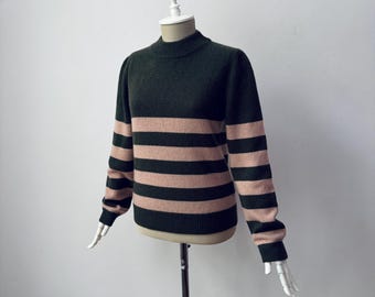 100% reiner Kaschmir - Gestreifter dunkelgrüner Strickpullover mit gestreiftem Stehkragen für Damen