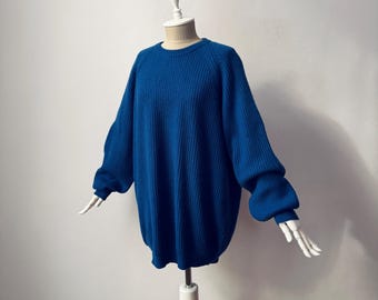 Vintage - 100% Reiner Kaschmir - Rundhalsausschnitt Lockere Rippenstrick Blauer Pullover