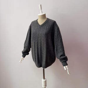 100% Pure Cashmere - V-neck Chunky Cable Knit Dark Gray Jumper