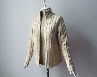 100% Pure Cashmere - Women's No Closure Chunky Cable Knit Creamy Beige Cardigan Jacket