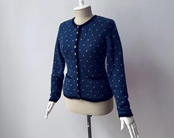 Cárdigan de punto grueso azul con cuello redondo para mujer, 100 % cachemira pura
