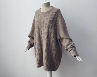 Jersey de punto grueso de ochos, color marrón claro, 100 % cachemir puro.