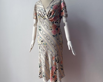 Silk Ivory Rose Print Draped Bodice Floral Midi Dress