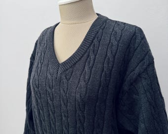 ヴィンテージ - 100% ソフトウール - Vネック ケーブルニット
