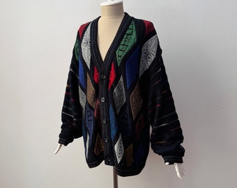 vintage - Carlo Colucci - Pull cardigan multicolore en laine mélangée à col en V profond