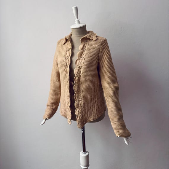 Vintage 100% Pure Cashmere Women's Collared Beige Chunky Knit