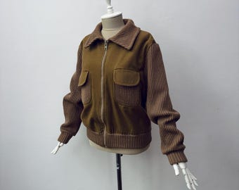 Vintage - 100% Pure Wool - Camel Brown Chunky Rib Knit Bomber Jacket