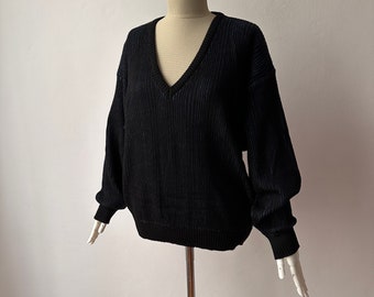Vintage Starcot - 100% Pure Wool V-neck Black & Blue Knit Sweater