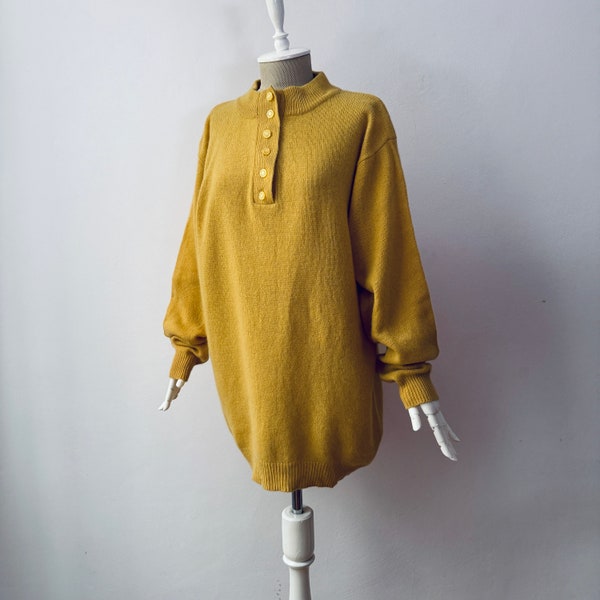 Vintage - Wool & Angora Blend - Women's Loose fit Mustard Yellow Knit Long Sweater