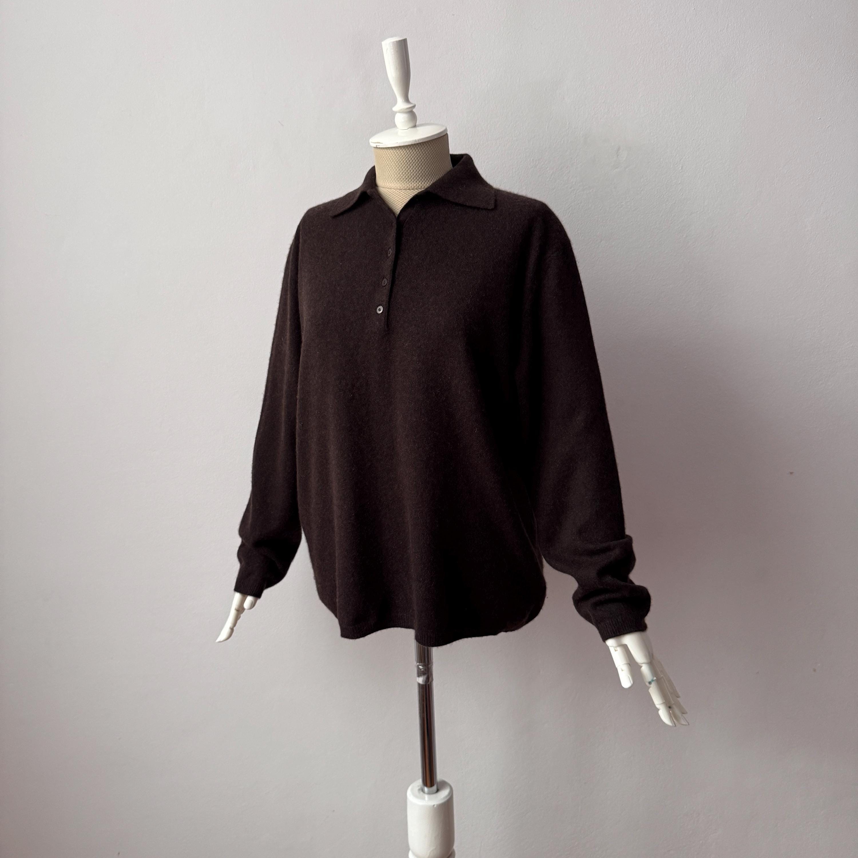 Vintage - 100% Pure Cashmere - Women's Polo Neck Dark Brown Relaxed fit Knit Sweater