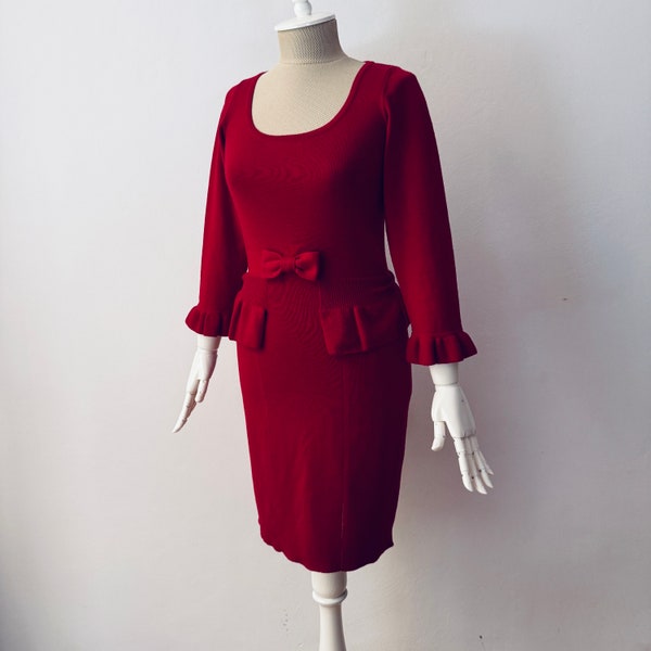 vintage Luisa Spagnoli - 100% Pure Laine Élégant Jersey Tricot Mi Longueur Robe Rouge