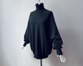 Vintage - 100% ren kashmir - Mörkgrå stickad tröja med polotröja