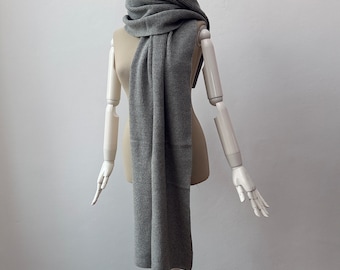 Soft Cashmere & Wool -  Light Gray Knitted Large Scarf