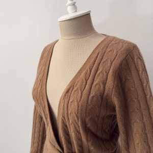 100% Pure Cashmere Women's V-neck Belted Wrap Cable Knit Cardigan image 3