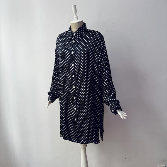 Silk Satin - Women's Loose Fit Dark Navy Blue with Polka Dots – Elegant Shirt Dress