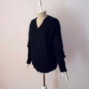 Merinowolle & Mohair-Mischung - Damen V-Ausschnitt Chunky Loose Fit Schwarzer Strickpullover