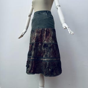 Vintage Cotton Patchwork Boho Midi Skirt with Lace Trim