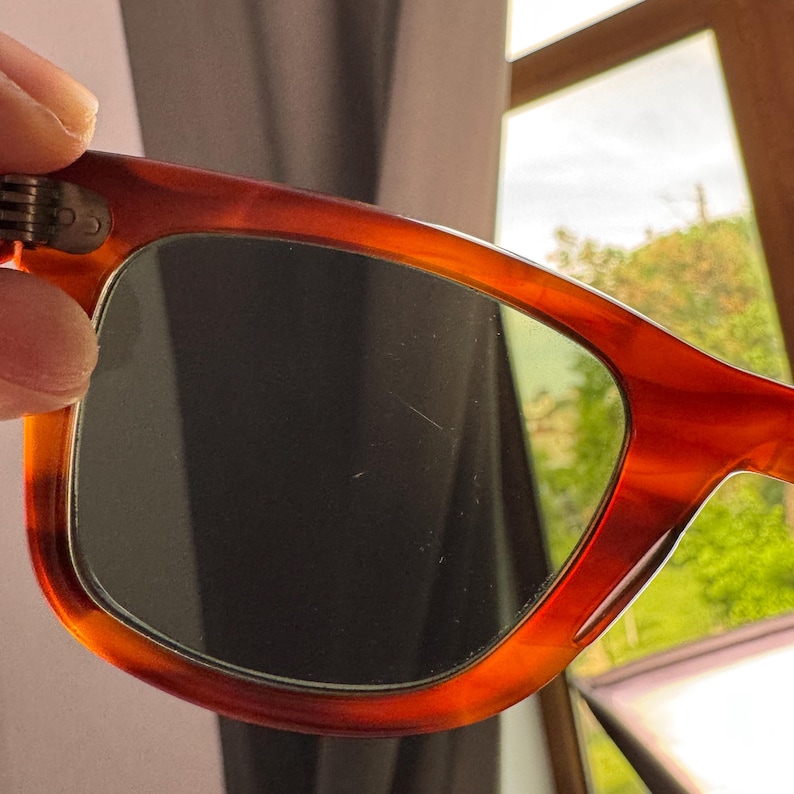 May include: Close-up of sunglasses with a tortoiseshell pattern frame. The lenses are dark, and the frame is a mix of orange and brown. The hinge is visible, and the background shows a blurred outdoor scene.
